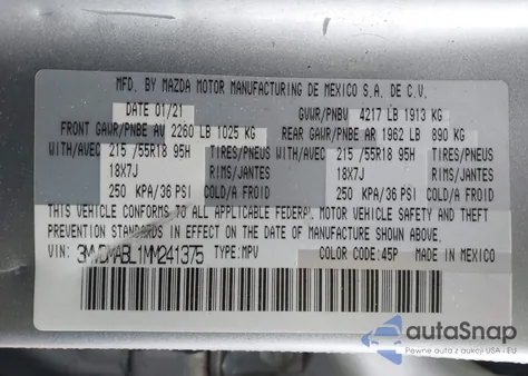 2021 Mazda Cx-30 Select z USA, uszkodzony, nr VIN 3MVDMABL1MM241375